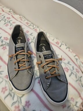 Sperry Women's Grey Canvas Boat Sneakers with Tan Leather Laces